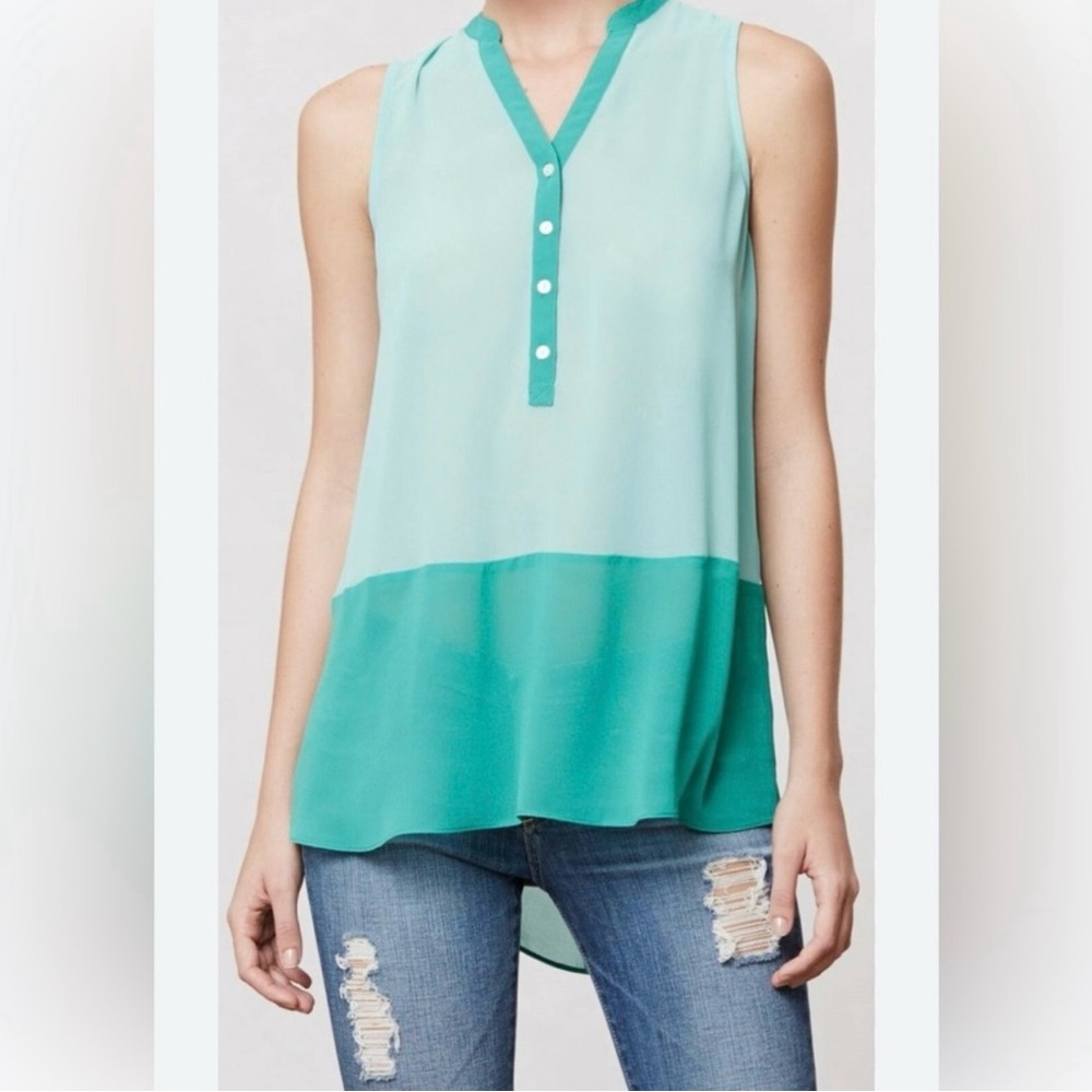 New Sunday in Brooklyn Sheer Colorblock Aqua/Teal Blouse Size S